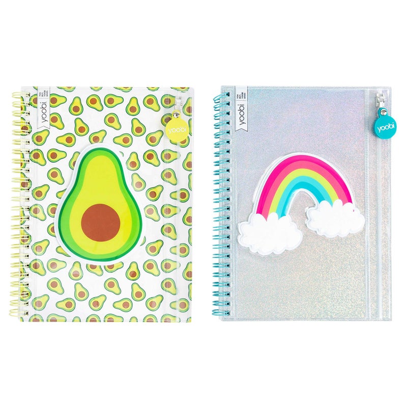 Yoobi College-Ruled Spiral Notebooks with Pencil Zipper Pouches | Fun Green Avacado Print | Cute Rainbow Glitter | 2-Pack | 60 Sheets, Multicolor - Image 1